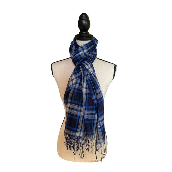 Womens Rectangle Scarf Wrap Blue White Plaid Lightweight Fringed Dark Academia - Picture 1 of 7